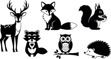 Obraz premium Forest animals collection cartoon style deer fox raccoon owl squirrel hedgehog vector illustration