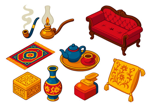 Classic Literature Icons. Isometric vector illustration set Classic literature &ndash; opium pipe, smoky lamp, velvet settee; oriental
