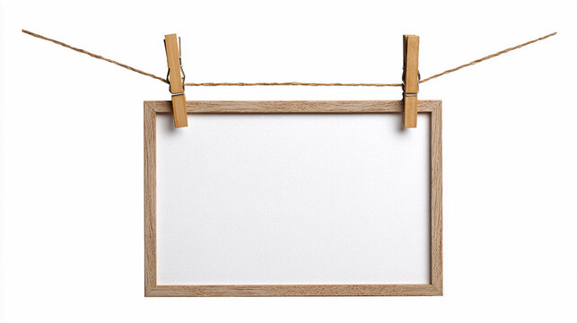 Empty wooden frame hanging on a twine line with clothespins
