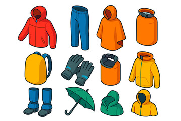 Camping Essentials Icons. Isometric vector illustration set Camping essentials &ndash; rain jacket, waterproof pants, poncho; backpack