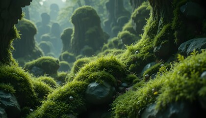 Mossy Fantasy Forest Landscape with Lush Green Textures