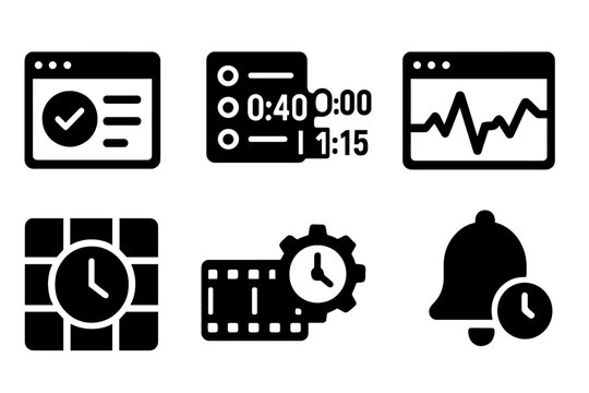 Temporal Computing Icons. Solid style icons of software for temporal computing: scheduler UI window, task list with timestamps,