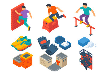 Dynamic Parkour Icons. Isometric vector illustration set Outdoor sports – parkour wall run, vault box, rail grind; athletic shoes,