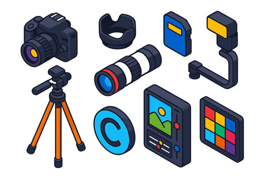 News Photography Essentials. Isometric vector illustration set News and media &ndash; photojournalism camera, lens hood, memory card;