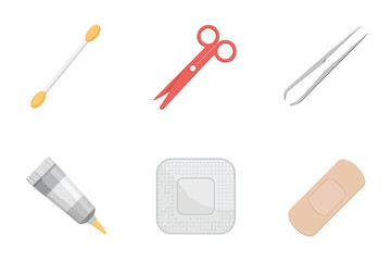 First aid tools collection, cotton swab, trauma shears, surgical forceps, ointment tube, sterile gauze pad, adhesive bandage vector