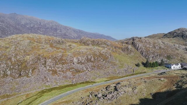 Autumn colours over Llyn Cwmffynnon and Miner&rsquo;s Track - Start Point, road A4086 from a drone, Pen-y-Pass, Snowdonia, Wales, UK