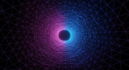 Glowing wireframe tunnel structure converges toward a central sphere against a dark background