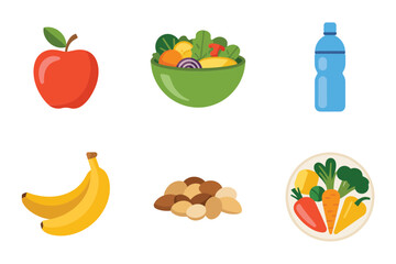 Healthy diet icons, fresh apple fruit, green salad bowl, water bottle hydration, bananas, nuts, vegetables, nutrition vector set