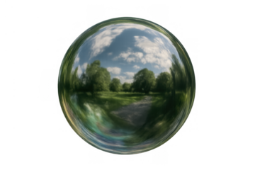 Reflecting nature inside a transparent glass sphere, showing a distorted green park meadow and blue sky with clouds