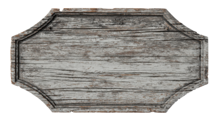 Weathered wooden message board with rustic grey planks and decorative frame, textured blank copy space ideal for overlays, signage, banners or vintage design on transparent background, png