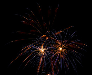 Fireworks explosions against black night sky
