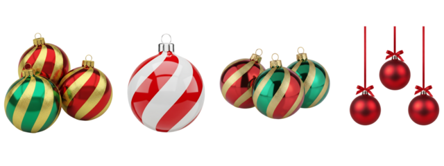 Vibrant Christmas ornaments set with stripes and matte textures isolated on transparent background