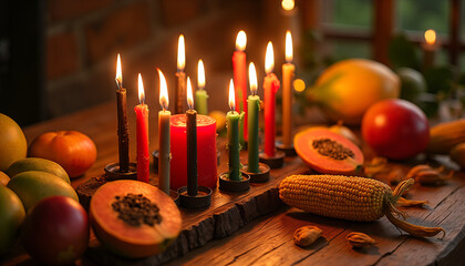Lit Kwanzaa candles on wooden table with traditional fruits