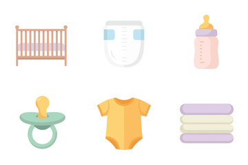 Baby essentials set, crib diaper and bottle, pacifier onesie and folded towels, nursery accessories, pastel soft vector icons