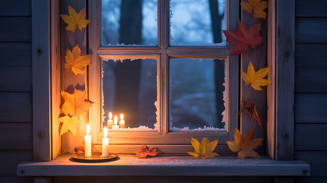 Cozy winter scene with a window decorated with autumn leaves and candles, creating a warm and inviting atmosphere against the cold, frosty night