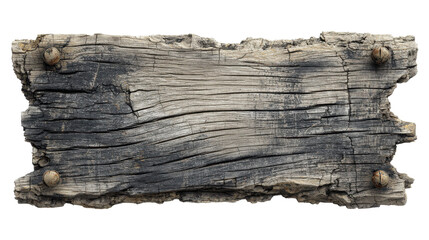 Old wooden sign isolated on transparent background, showing weathered timber texture, grunge surface, and rough planks with aged nails for rustic design elements, png