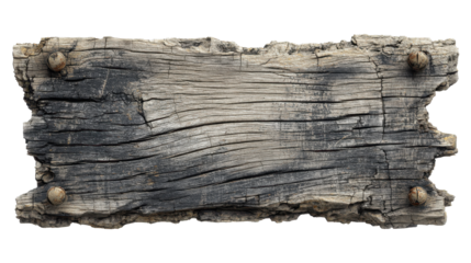 Old wooden sign isolated on transparent background, showing weathered timber texture, grunge surface, and rough planks with aged nails for rustic design elements, png
