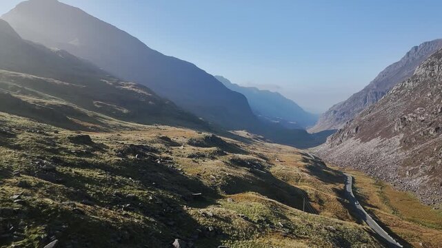 Autumn colours over Llyn Cwmffynnon and Miner&rsquo;s Track - Start Point, road A4086 from a drone, Pen-y-Pass, Snowdonia, Wales, UK