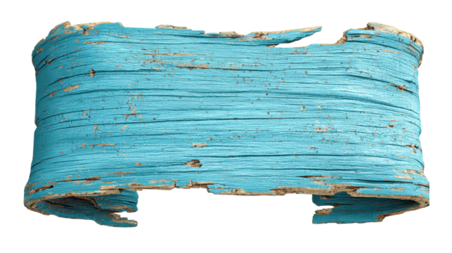 Weathered turquoise wood banner object with peeling paint texture creating rustic grunge background, aged wooden scroll element with copy space, transparent background, png