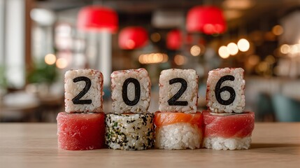 Sushi rolls arranged to display the year 2026 in a cozy restaurant atmosphere