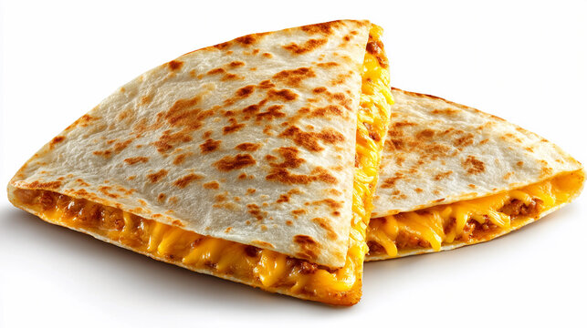 Cheesy quesadilla filled with chicken on a clean white background