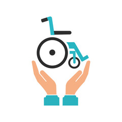 Supportive disability care illustration showing protective hands holding a wheelchair symbol representing accessibility, safety, and inclusive assistance