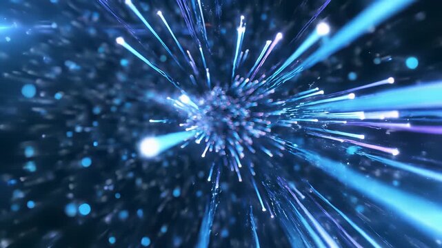Swirling blue and purple star bursts abstractly represent dynamic energy, evoking innovative ideas of fiber optic connections or data transmission, suggesting rapid progress and forward thinking.