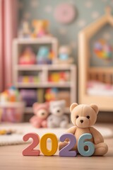 Soft teddy bear with colorful numbers 2026 in a bright and cozy nursery setting for a memorable year, children's toy store furniture