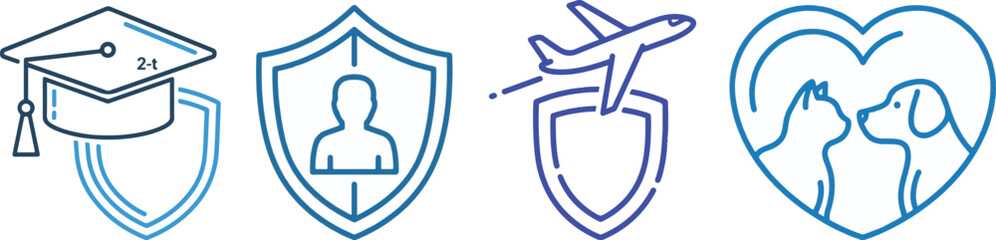 Blue Line Icons Representing Education, Person, Travel, and Pets