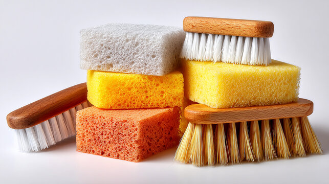 Collection of colorful sponges and brushes for cleaning tasks