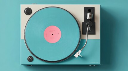 A vibrant turquoise turntable spins a pink record bringing retro vibes to any music enthusiasts space.