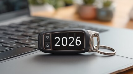 Key fob featuring the year 2026 resting on a laptop keyboard in a home office setting, remote control