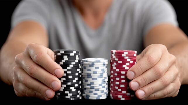 Player holding poker chips in a gaming atmosphere during night time