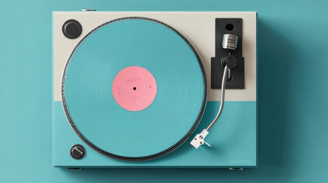 A vibrant turquoise turntable spins a pink record bringing retro vibes to any music enthusiasts space.