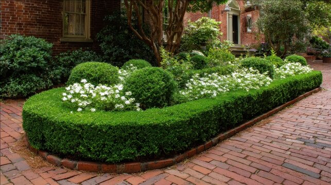 Lush formal garden with manicured boxwood hedges and globe topiaries, white blossoms framing a red brick pathway leading to a historic building, serene and elegant landscape