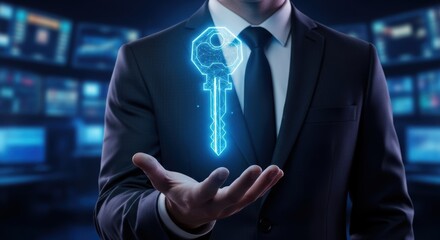 Man holding digital key representing cybersecurity encryption or unlocking business solutions with advanced technology access