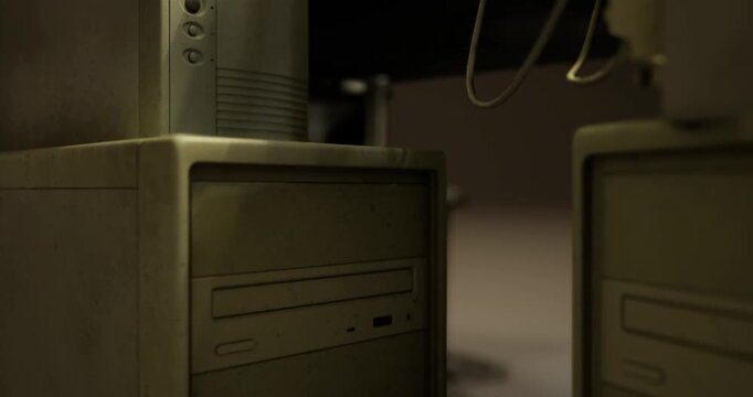 Old computer towers gather dust in an abandoned technology lab, showcasing their outdated design. Cables lie scattered on the floor, whispering stories of forgotten innovations.