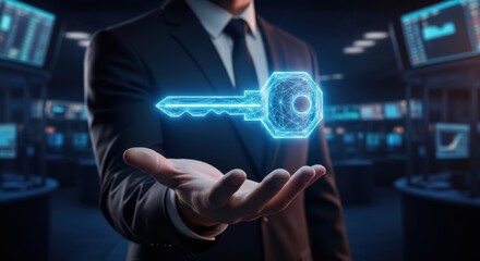 Businessman presenting digital key concept for cybersecurity access and data encryption in a dark server room for secure technology solutions