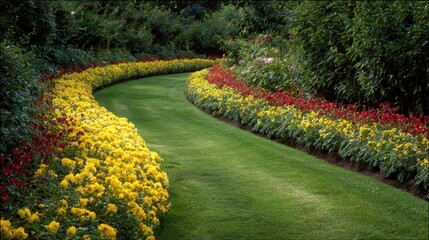 Obraz premium Winding garden path with vibrant yellow and red flowers bordering a lush green lawn, creating a serene and colorful landscape design for relaxation and beauty