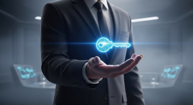 Businessman presenting glowing digital key hovering over open palm security solution unlocking access innovation