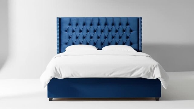 Elegant blue velvet bed with tufted headboard rotating in a bright studio environment for