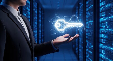 A glowing cyber key floats above a businessmans hand in a server room representing data protection and digital security