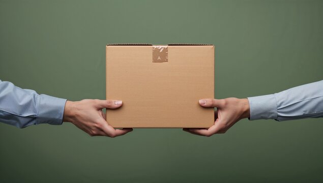 Mockup of hands holding a brown delivery box on green background