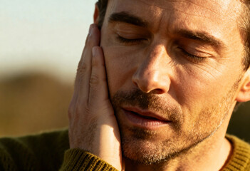 Close-up of a worried man with his eyes closed touching his cheek. Contemplative adult male feeling stressed and anxious outdoors. Mental health, burnout, and depression concept