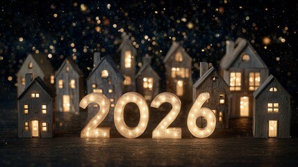 Illuminated houses and 2026 sign create a festive atmosphere during winter nights