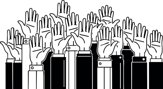 Raised hands group voting participation teamwork community unity business vector illustration