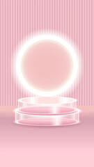 Pink glass transparent scene with round glow vertical stripes on background