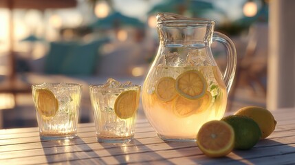 Pitcher of lemonade filled with ice sits on a table as sunlight creates a golden glow inviting relaxation.