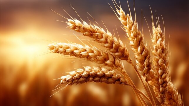 Golden wheat stalks glowing in sunset light over a field
