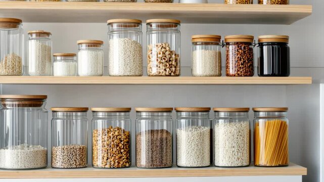 Seamless organization of kitchen shelves with jars of grains and ingredients